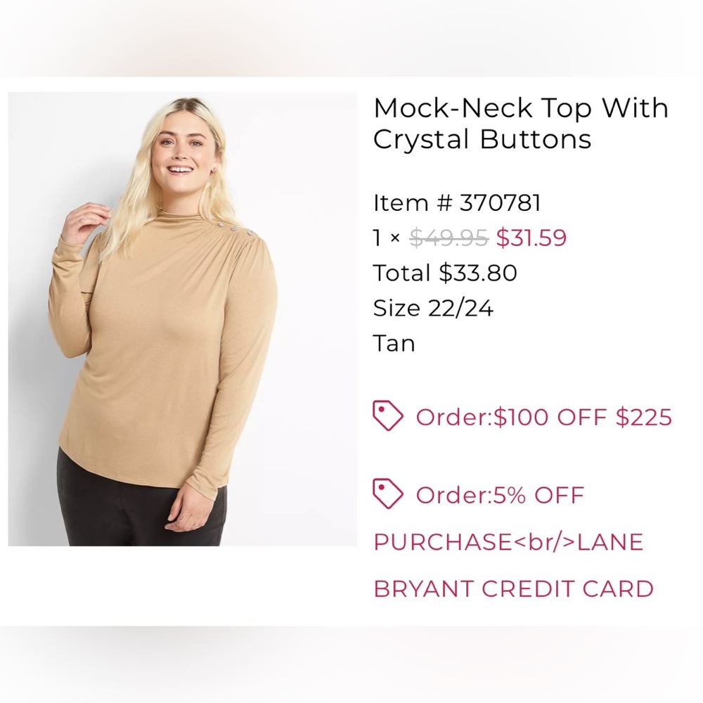 Lane Bryant mock neck top with crystal buttons
